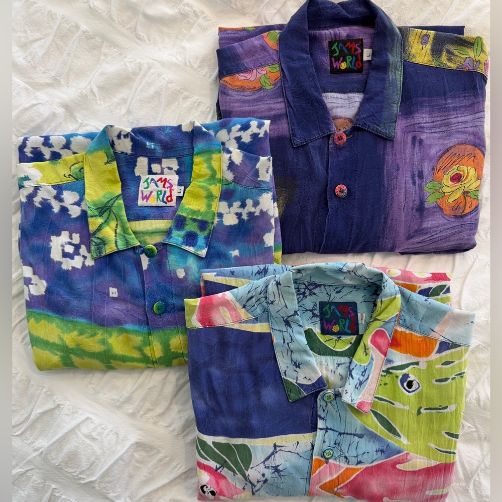 Jams World, Set of 3 Men’s Hawaiian Aloha Shirts, Vintage, large, fair cond.